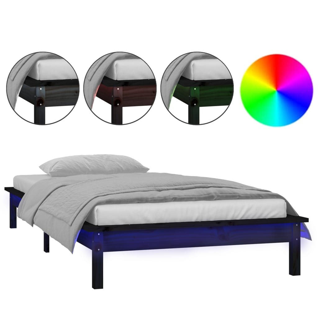 Sängynrunko LED-valoilla musta 90x200 cm täysi puu - Sisustajankoti.fi