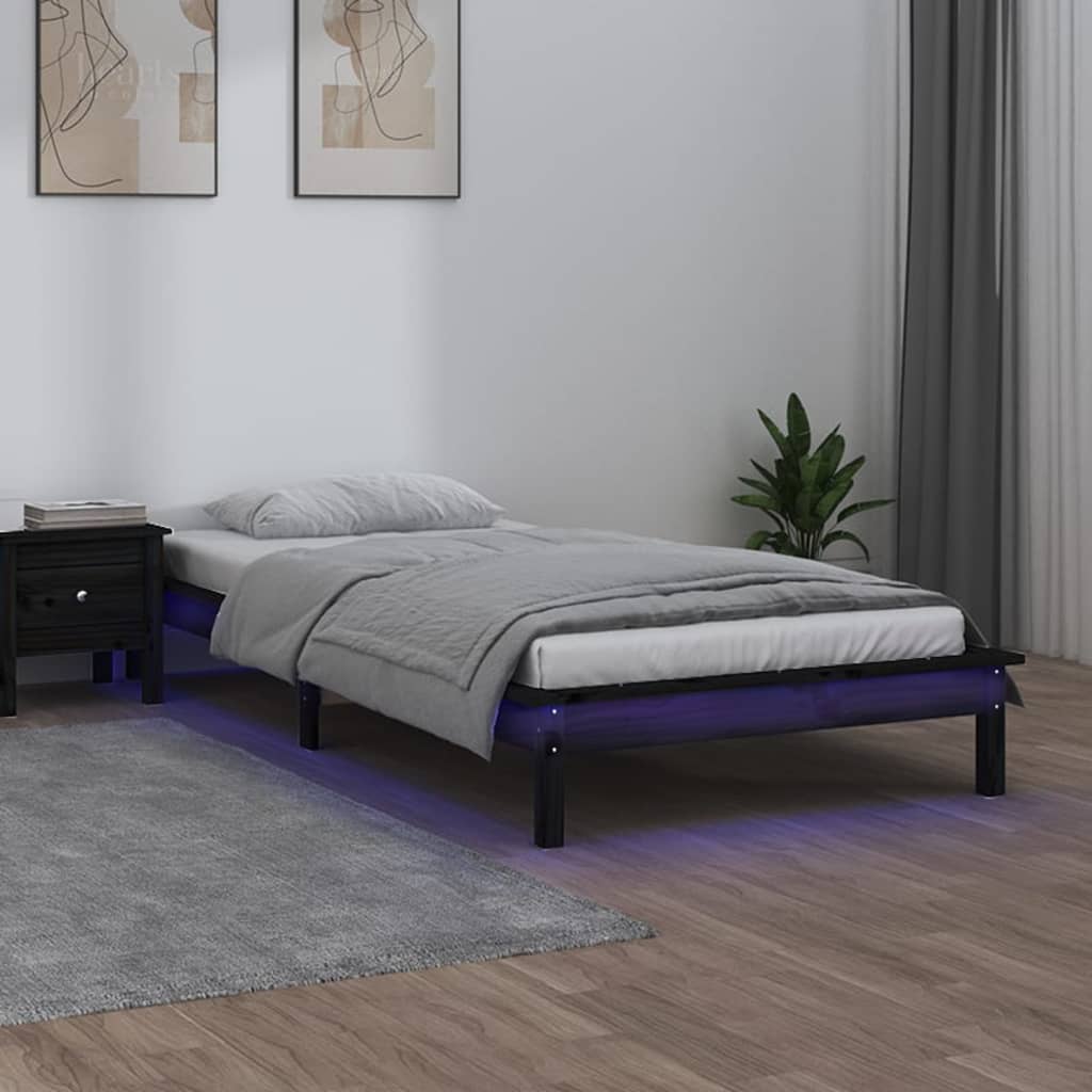 Sängynrunko LED-valoilla musta 90x200 cm täysi puu - Sisustajankoti.fi