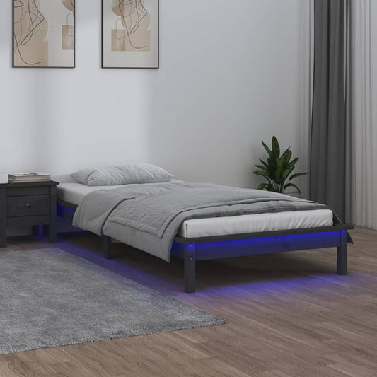 Sängynrunko LED-valoilla harmaa 100x200 cm täysi puu - Sisustajankoti.fi