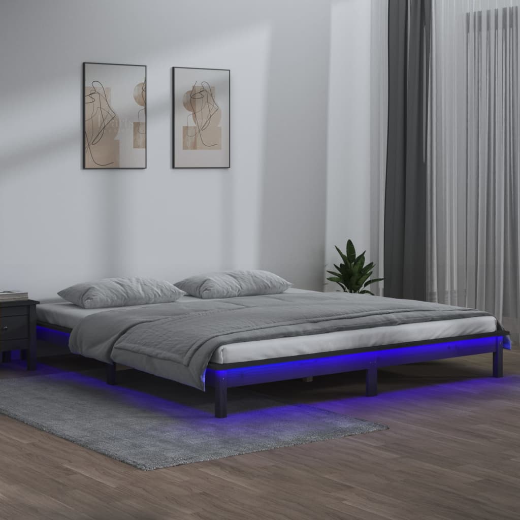 Sängynrunko LED-valot harmaa 150x200 cm 5FT King Size täysi puu - Sisustajankoti.fi