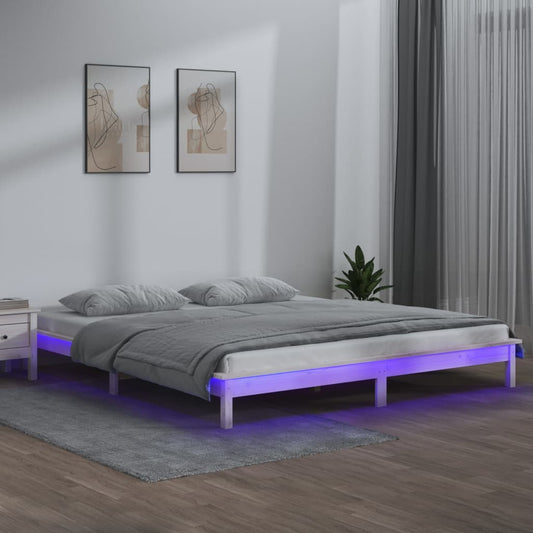 Sängynrunko LED-valoilla valkoinen 160x200 cm täysi puu - Sisustajankoti.fi