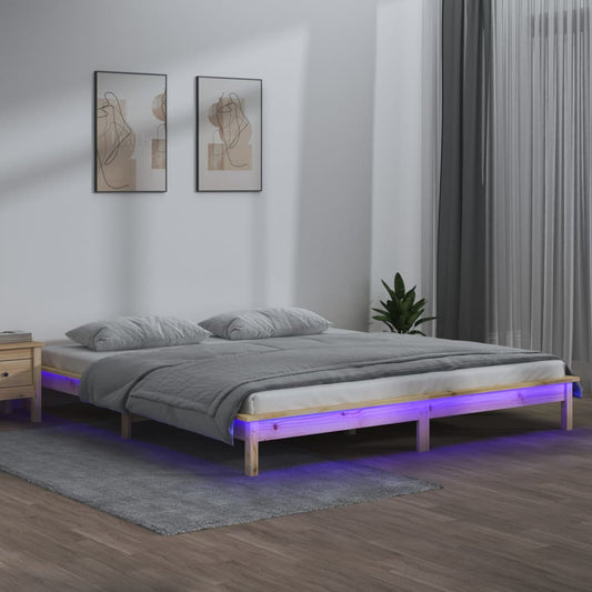 Sängynrunko LED-valoilla 200x200 cm täysi puu - Sisustajankoti.fi