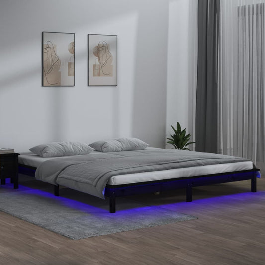 Sängynrunko LED-valoilla musta 140x190 cm täysi puu - Sisustajankoti.fi
