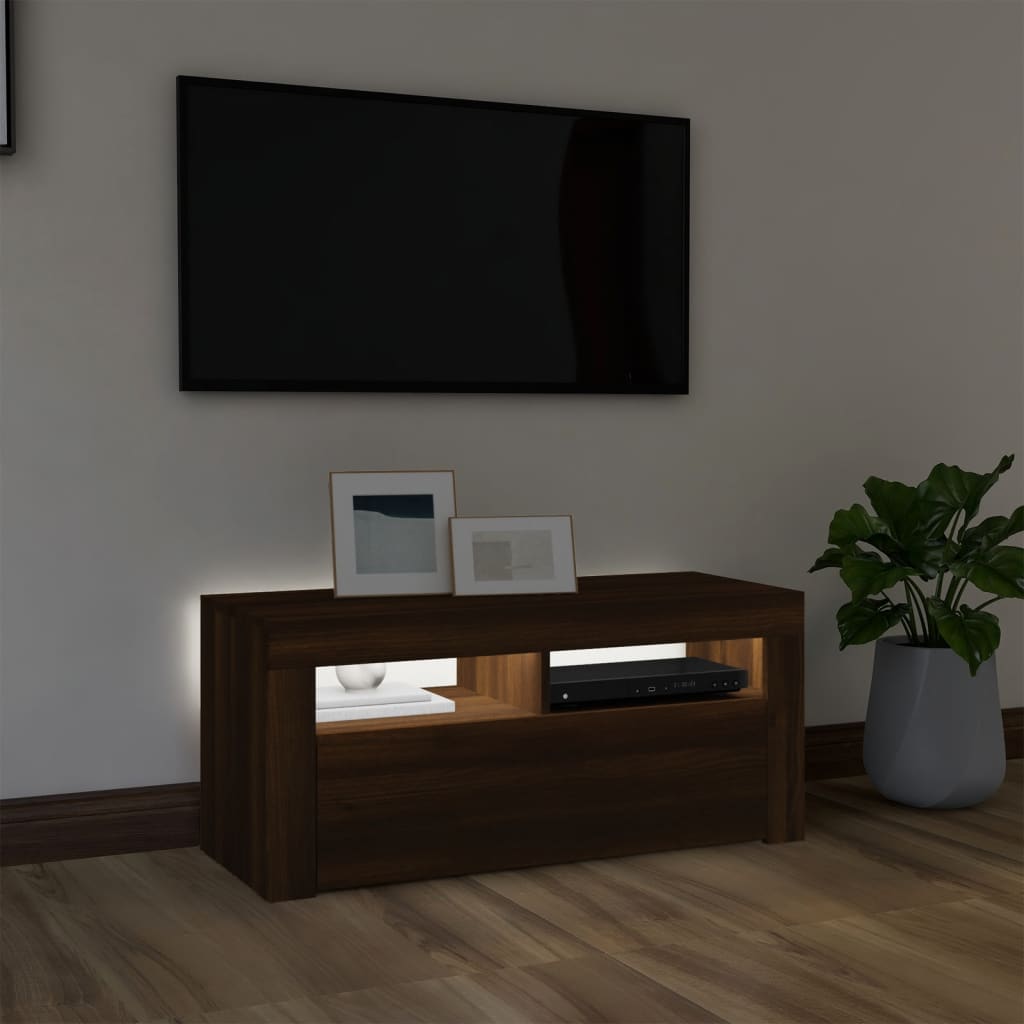 TV-taso LED-valoilla ruskea tammi 90x35x40 cm - Sisustajankoti.fi