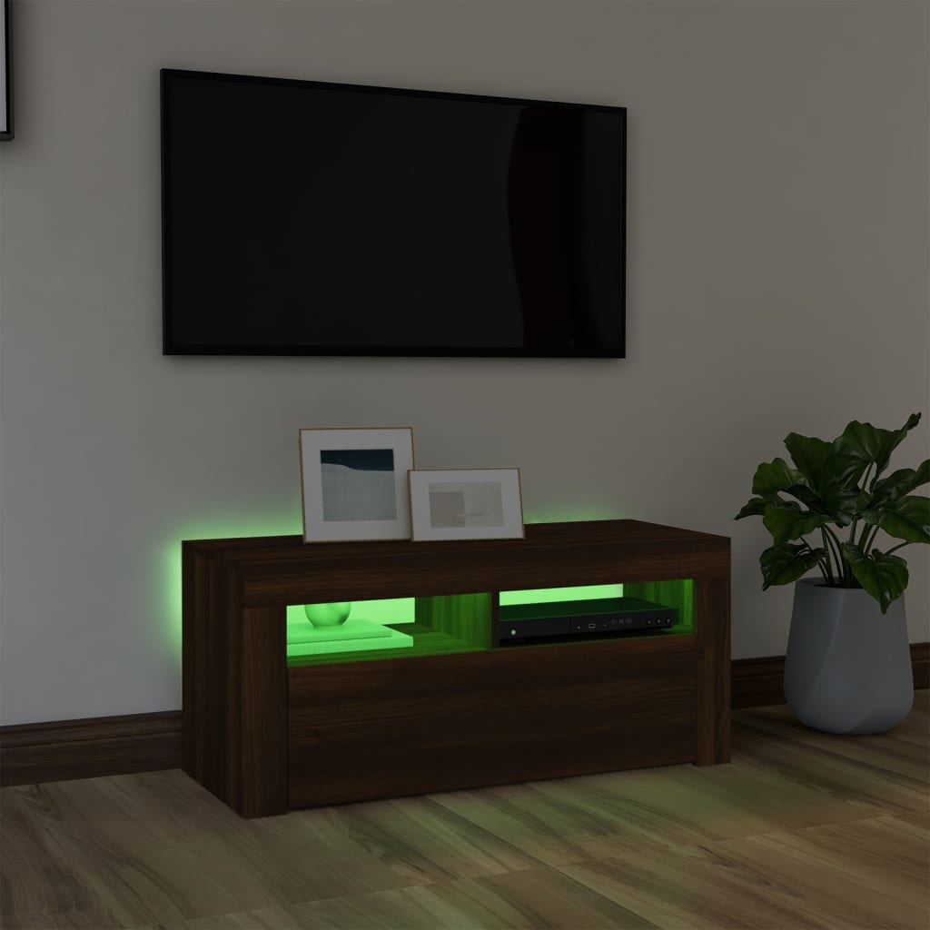 TV-taso LED-valoilla ruskea tammi 90x35x40 cm - Sisustajankoti.fi