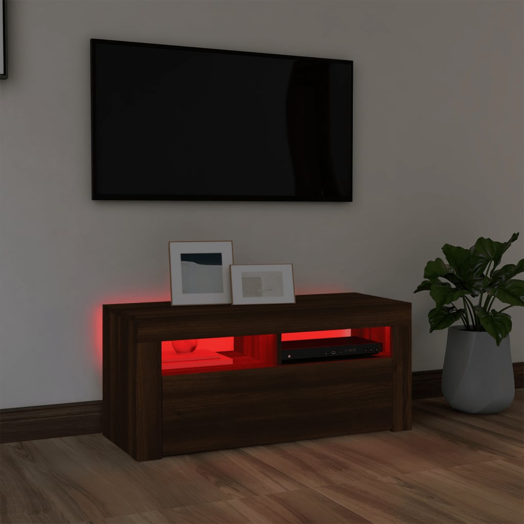 TV-taso LED-valoilla ruskea tammi 90x35x40 cm - Sisustajankoti.fi