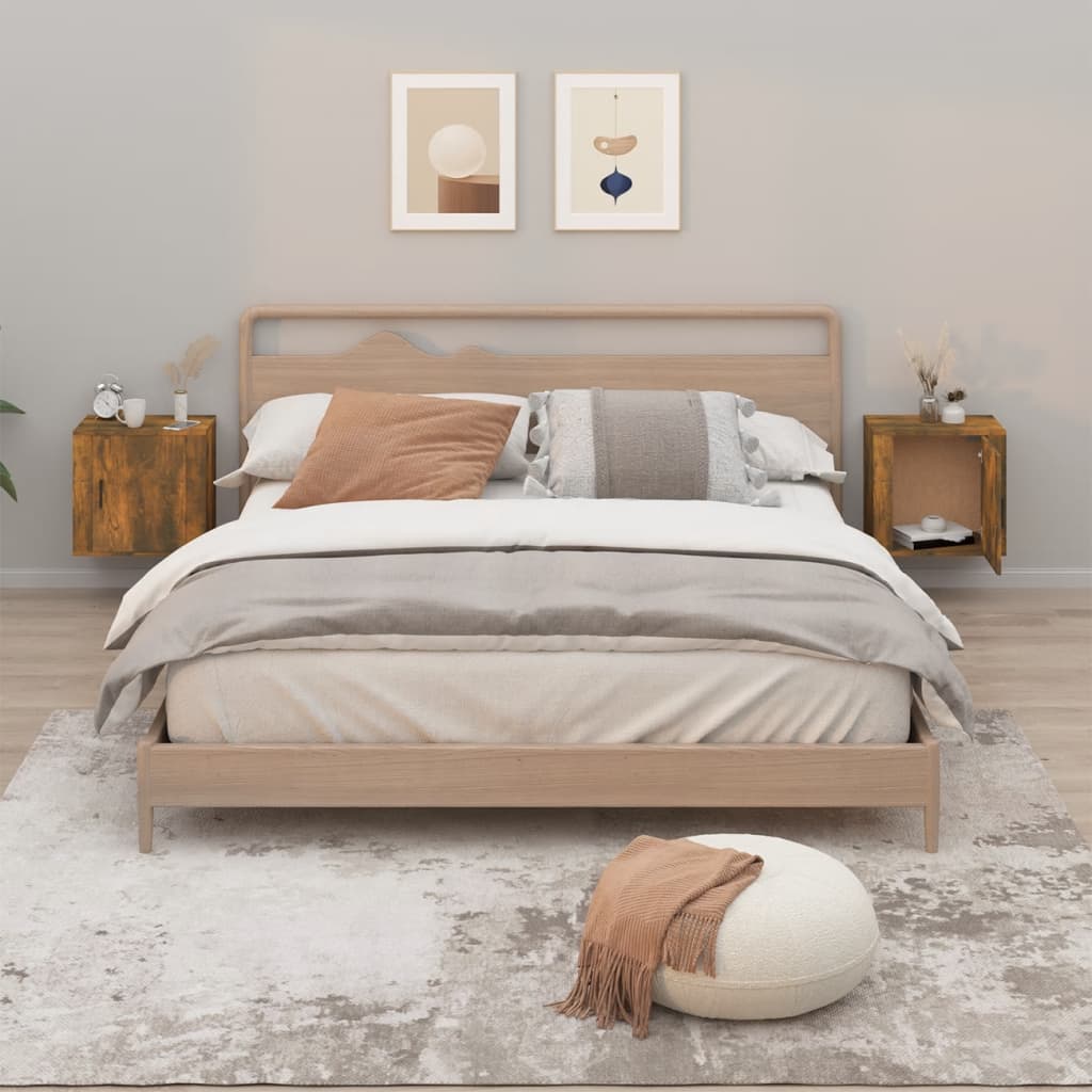 Seinäkiinnitettävät yöpöydät 2 kpl savutammi 50x30x47 cm - Sisustajankoti.fi