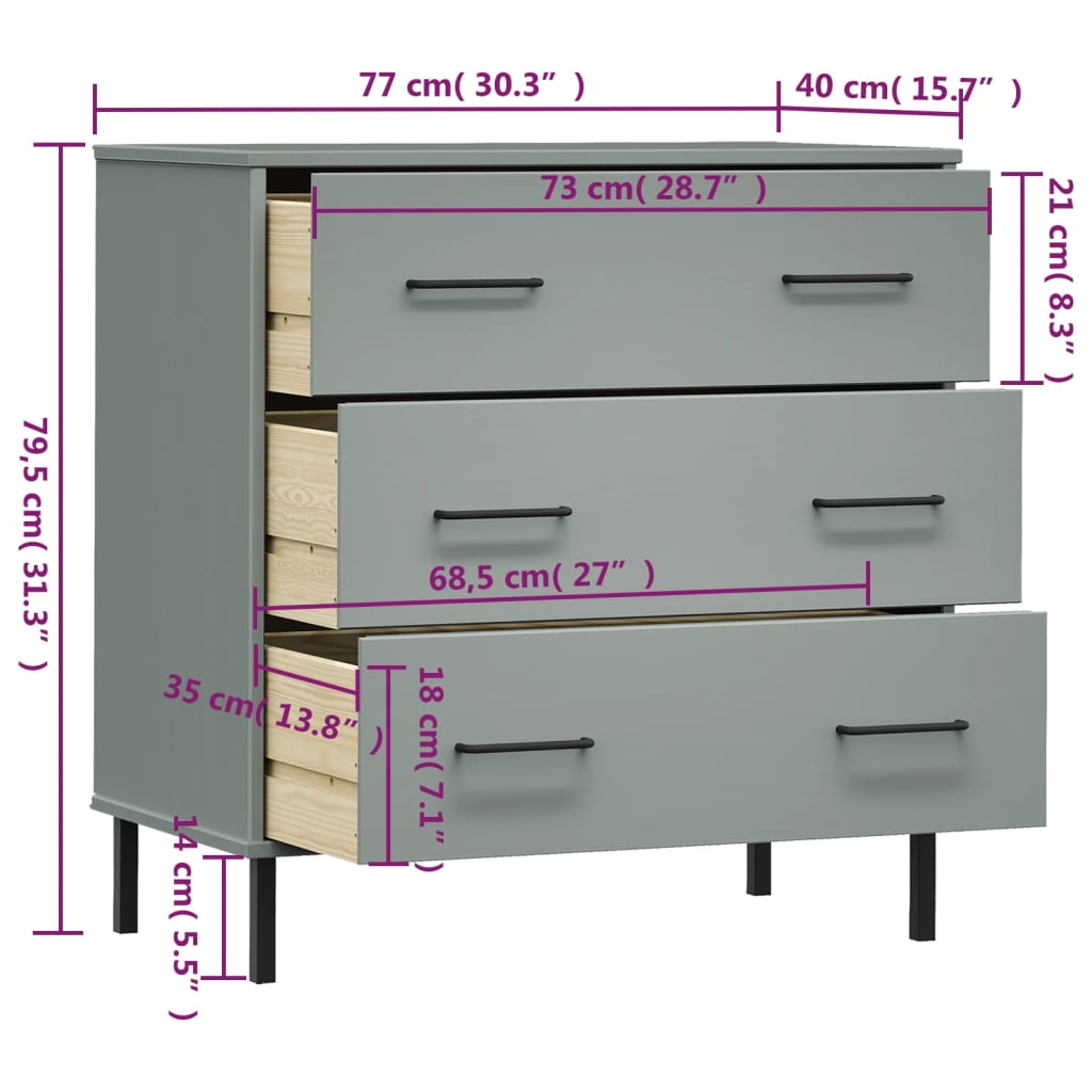 Senkki 3 laatikolla harmaa 77x40x79,5 cm täyspuu OSLO - Sisustajankoti.fi