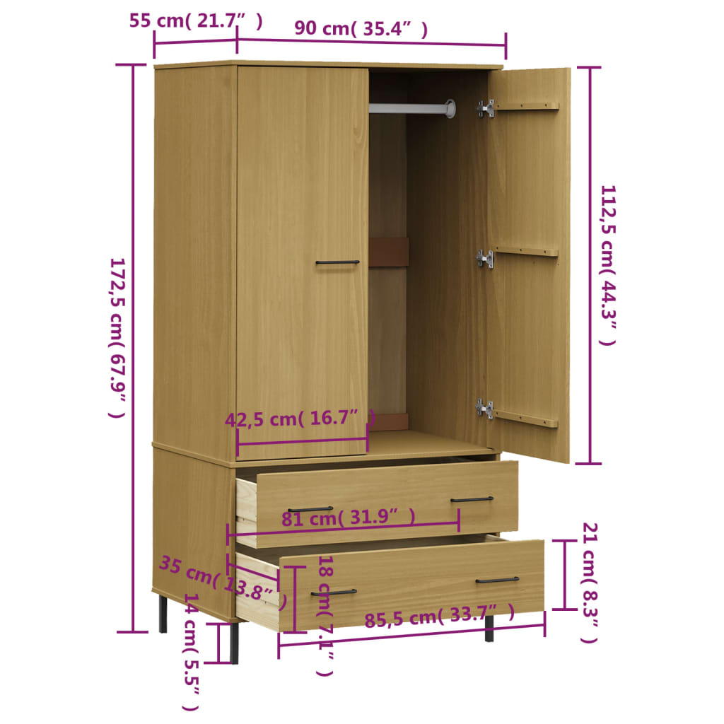 Vaatekaappi metallijaloilla ruskea 90x55x172,5 cm täyspuu OSLO - Sisustajankoti.fi