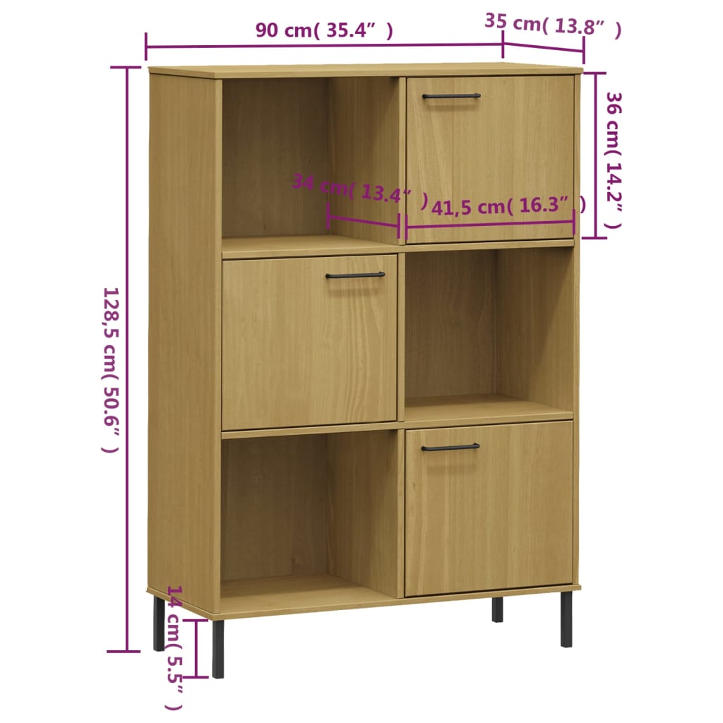 Kirjakaappi metallijaloilla ruskea 90x35x128,5 cm täyspuu OSLO - Sisustajankoti.fi