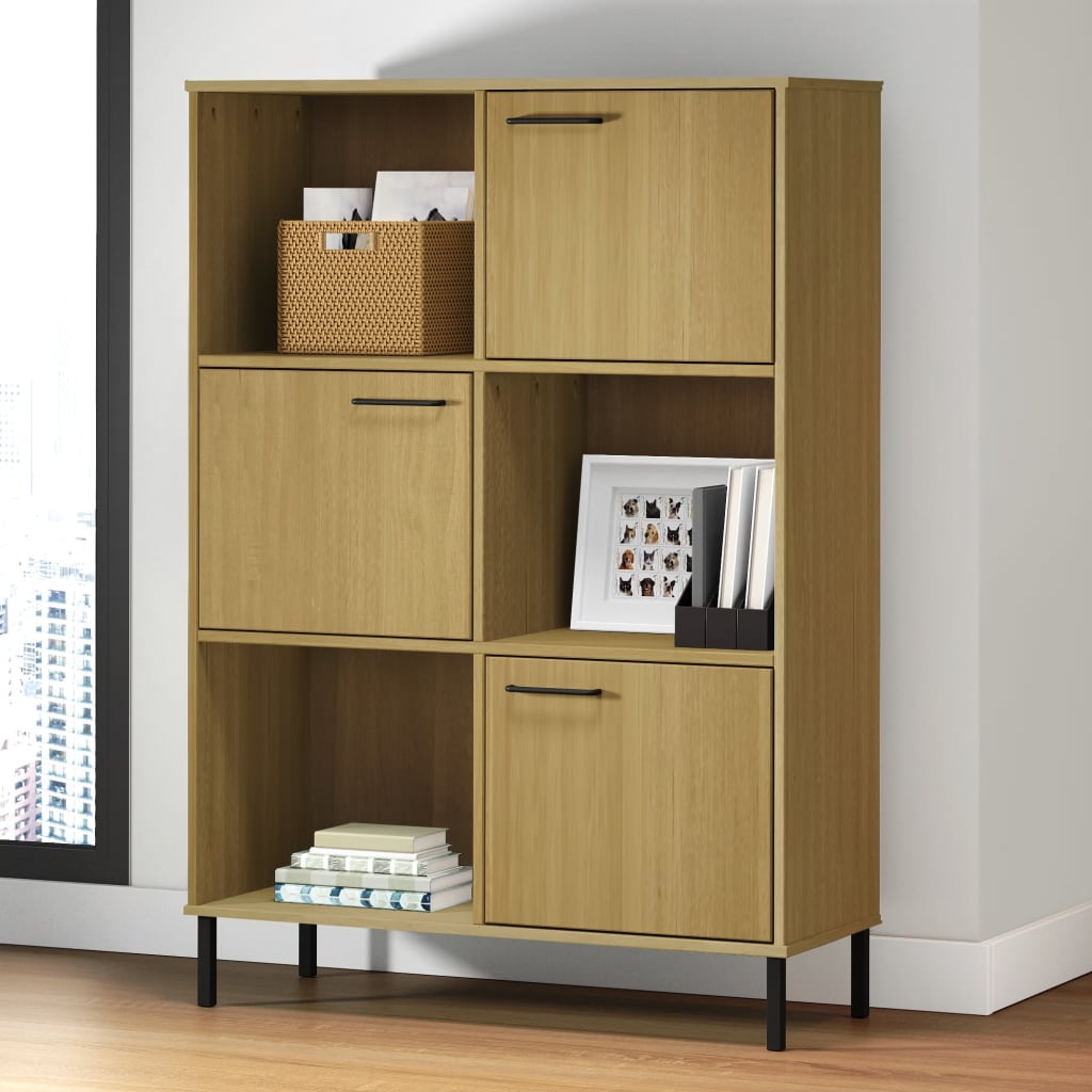 Kirjakaappi metallijaloilla ruskea 90x35x128,5 cm täyspuu OSLO - Sisustajankoti.fi