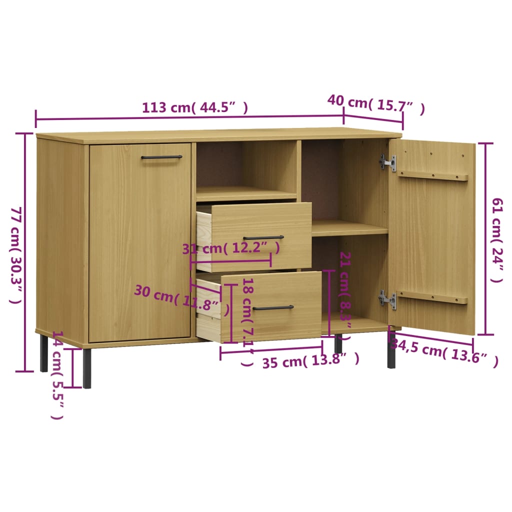 Senkki metallijaloilla ruskea 113x40x77 cm täyspuu OSLO - Sisustajankoti.fi