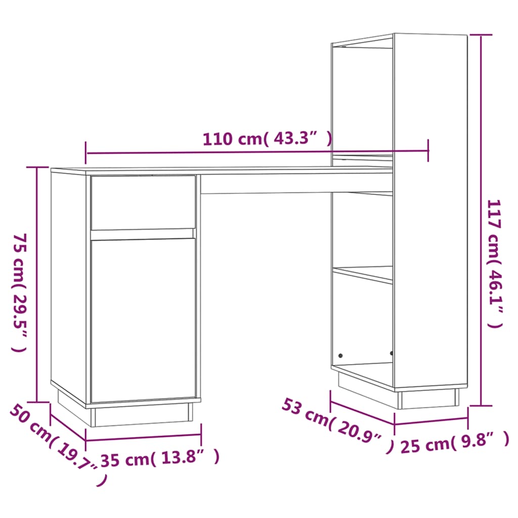 Työpöytä valkoinen 110x53x117 cm täysi mänty - Sisustajankoti.fi