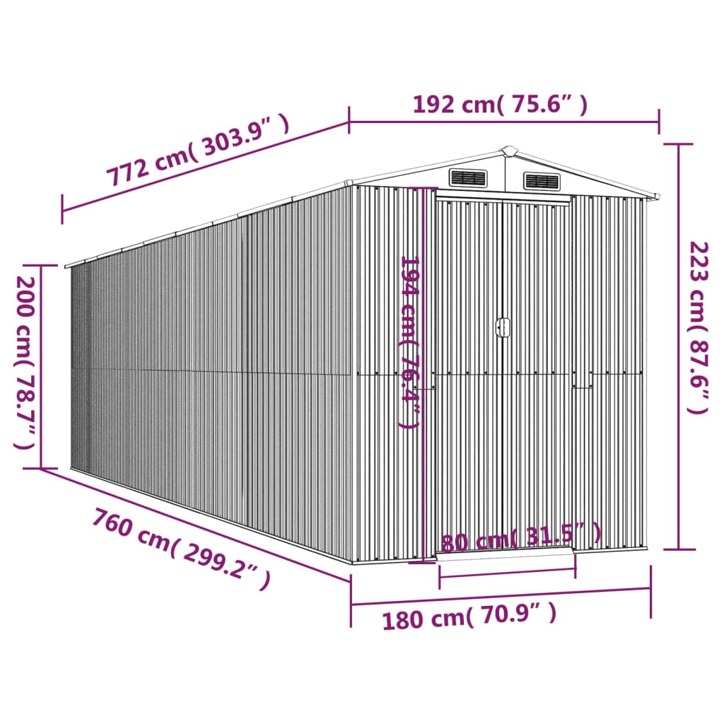 Puutarhavaja antrasiitti 192x772x223 cm galvanoitu teräs - Sisustajankoti.fi