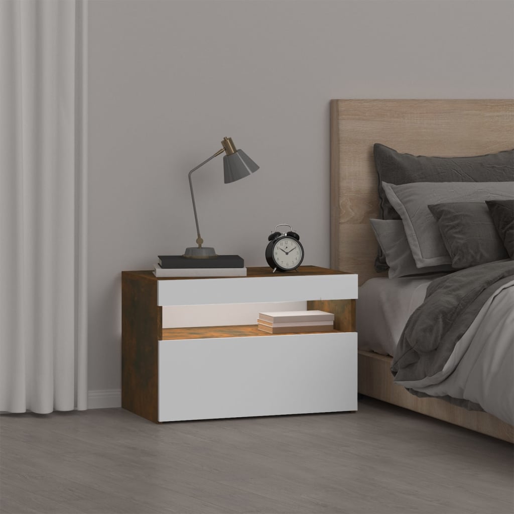 Yöpöytä LED-valoilla savutammi 60x35x40 cm - Sisustajankoti.fi