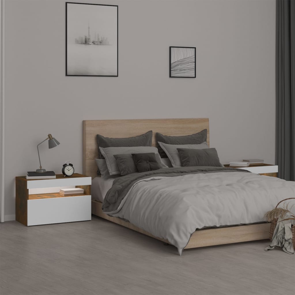 Yöpöydät 2 kpl LED-valoilla savutammi 60x35x40 cm - Sisustajankoti.fi