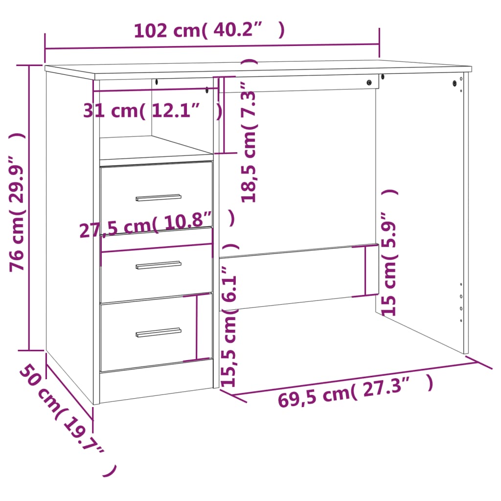Työpöytä laatikoilla betoninharmaa 102x50x76 cm tekninen puu - Sisustajankoti.fi