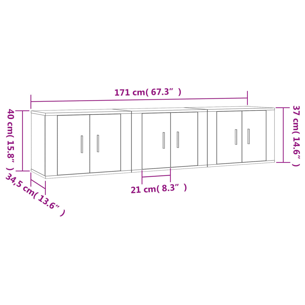 Seinäkiinnitettävät TV-tasot 3 kpl harmaa Sonoma 57x34,5x40 cm - Sisustajankoti.fi