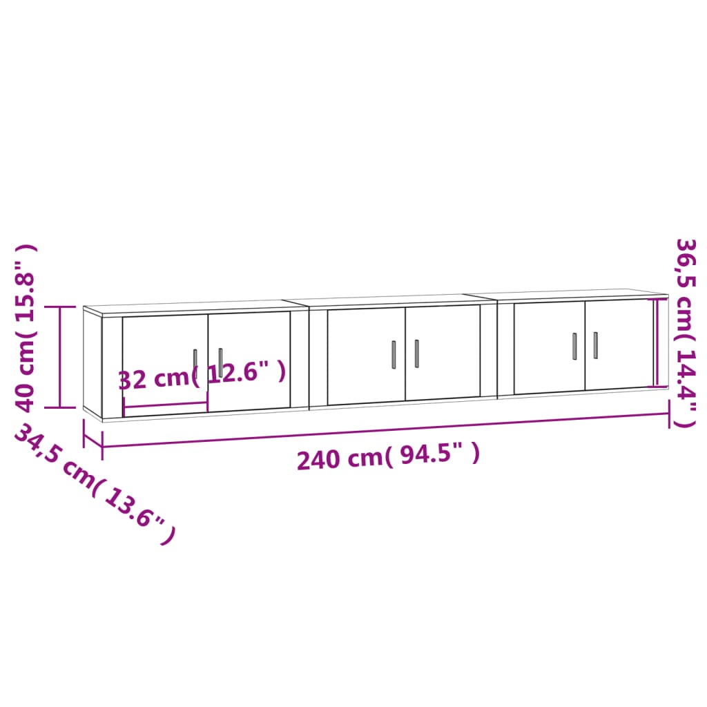 Seinäkiinnitettävät TV-kaapit 3 kpl betoninharmaa 80x34,5x40 cm - Sisustajankoti.fi