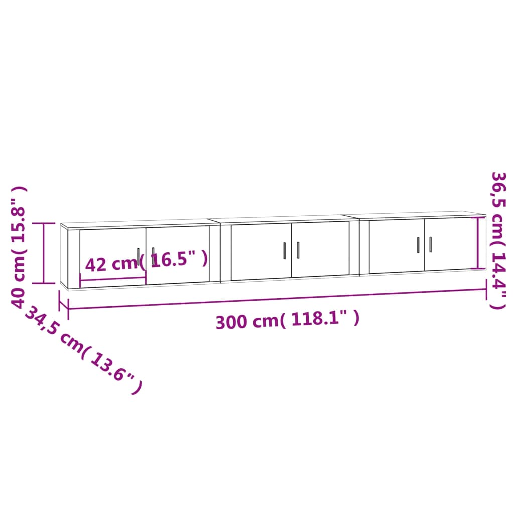 Seinäkiinnitettävät TV-kaapit 3 kpl harm. Sonoma 100x34,5x40 cm - Sisustajankoti.fi
