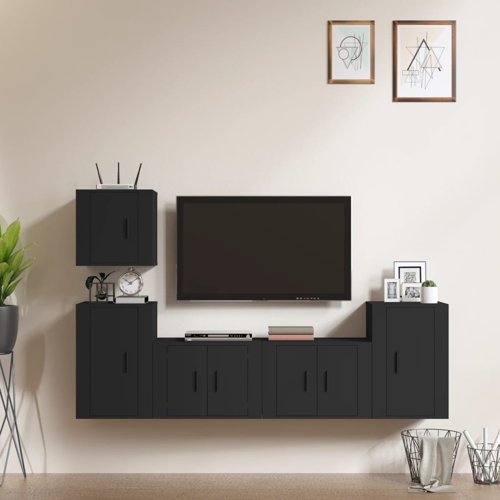 5-osainen TV-kaappisarja musta tekninen puu - Sisustajankoti.fi